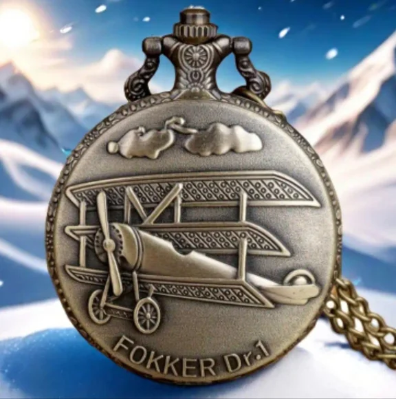 Fokker Dr.1 Airplane Pocket Watch Gold Christmas Birthday Men's Vtg Gift NEW